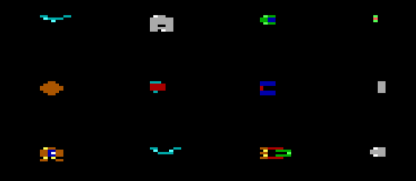 The reverse-engineered sprites rendered in CGA 160x100x16 by the reconstructed DOS program in DOSBox