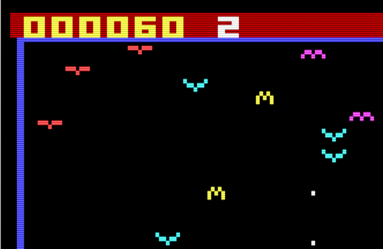 The playable reconstructed game running in DOSBox: round-1 birds in formation, the ship firing